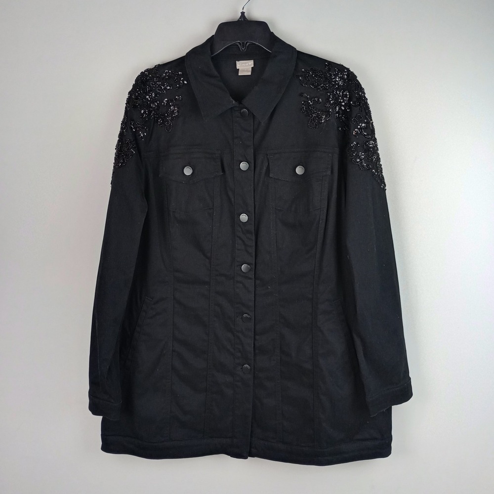 Chico's Womens 3 Black Beaded Embroidery Sequin Longline Soft Stretch Jacket